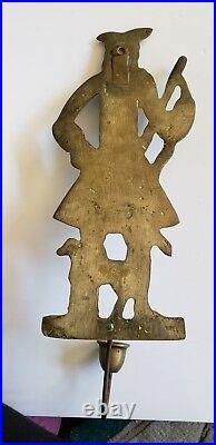 Vintage Brass Folk Art Wall Hanging Candle Holder Sconce Colonial Man With Dog