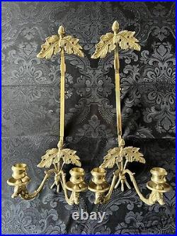 Vintage Brass Horse & Oak Candle Sconce Plate Wall Hangers Combo Pair