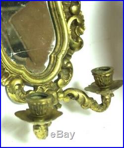 Vintage Brass Mirrored Candelabra Wall Sconces Candle Holders 5234