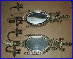 Vintage Brass Ornate Mirror Candle Holders Wall Sconces Pair Large 24
