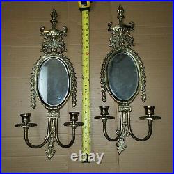 Vintage Brass Ornate Mirror Candle Holders Wall Sconces Pair Large 24