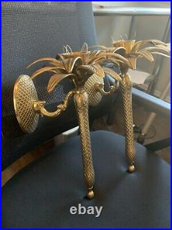 Vintage Brass Pair Candle Wall Sconces Pineapple Palm Tree Hollywood Regency