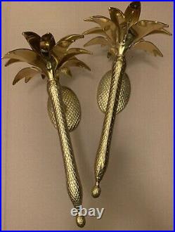Vintage Brass Pair Candle Wall Sconces Pineapple Palm Tree Hollywood Regency