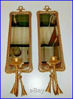Vintage Brass Rope Wall Sconces Rectangular Glass Mirrors Single Candle Holders
