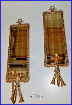 Vintage Brass Rope Wall Sconces Rectangular Glass Mirrors Single Candle Holders