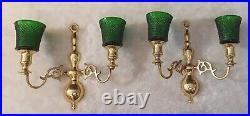 Vintage Brass Sconce Pair Green Glass Votive Wall Candle Holder Victorian Ornate
