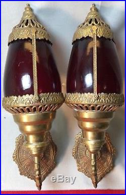 Vintage Brass Wall Candle Holder With Red Globe Rare