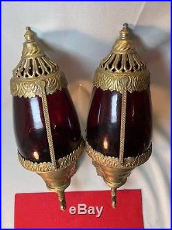 Vintage Brass Wall Candle Holder With Red Globe Rare