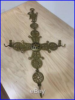 Vintage Brass Wall Hanging Candle Holder Gothic Orthodox Religious Church Cross