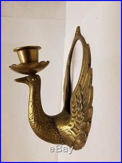 Vintage Brass Wall Sconce Candlestick Holder Bird Swan Phoenix Mid Century Wings
