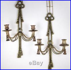 Vintage Brass Wall Sconce Double Candle Holders Twisted Rope Bows & Tassels