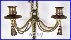 Vintage Brass Wall Sconce Double Candle Holders Twisted Rope Bows & Tassels