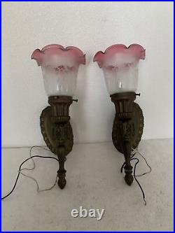 Vintage Brass With Glass Cranberry White Embossed 14 Lamp Wall Sconces