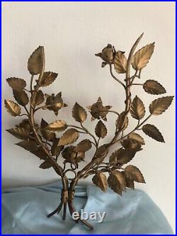 Vintage Candlestick Holder Wall Scone Metal Rose Flower & Leaf Gold 18.5 Tall