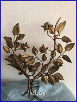 Vintage Candlestick Holder Wall Scone Metal Rose Flower & Leaf Gold 18.5 Tall