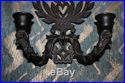 Vintage Cast Iron Double Arm Wall Sconce Candlestick Holders Pair Eagle Heart