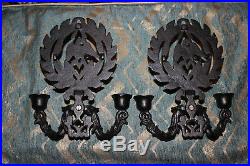 Vintage Cast Iron Double Arm Wall Sconce Candlestick Holders Pair Eagle Heart