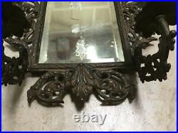 Vintage Cast Metal Wall Bevel Mirror & Candle Holders W-36