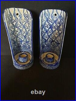Vintage China Delft Style Blue & White Wall Sconce Candle Holders X2 Collectable