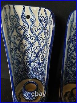 Vintage China Delft Style Blue & White Wall Sconce Candle Holders X2 Collectable
