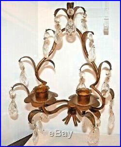 Vintage Copper Gold Tone Candle Holder Wall Sconces Set of 2 with Prisms 12 x 8