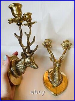Vintage Deer Stag Brass Candle Wall Sconces