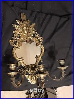 Vintage Figural Art Nouveau Brass Wall Sconce WithMirror & Triple Candle Holder