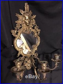 Vintage Figural Art Nouveau Brass Wall Sconce WithMirror & Triple Candle Holder