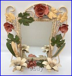 Vintage Floral Metal Tole Wall Mirror Candle Scone Holder Cottage Roses 17