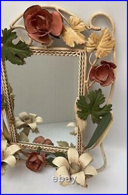 Vintage Floral Metal Tole Wall Mirror Candle Scone Holder Cottage Roses 17