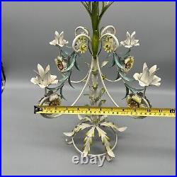 Vintage Floral Tole Candle Holder Candelabra Pink Yellow Flowers Aqua MCM Italy