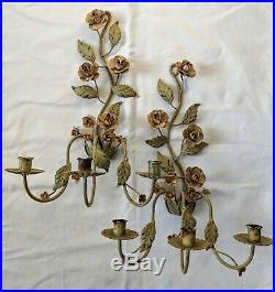 Vintage Floral Toleware 3-Candle Wall Sconce-Pair