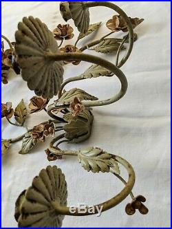 Vintage Floral Toleware 3-Candle Wall Sconce-Pair