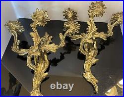 Vintage French Louis XV Style 3 Arm Brass Wall Sconces a Pair