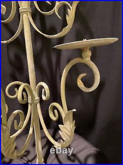Vintage French Metal Candle Holder Sconce 3 Branch Wall Mount Toleware Scrolls