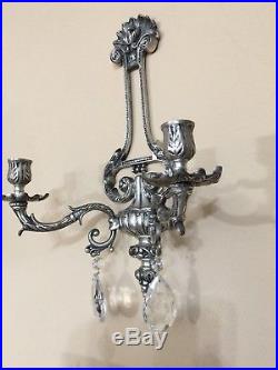 Vintage French White Metal Wall Candle Holder Sconce withCrystal Teardrop Pendents