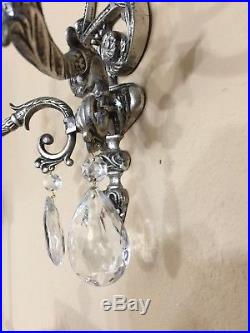 Vintage French White Metal Wall Candle Holder Sconce withCrystal Teardrop Pendents