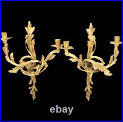 Vintage Gilt Brass Candlestick Wall Scones French Louis XV Style Large Ornate