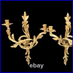 Vintage Gilt Brass Candlestick Wall Scones French Louis XV Style Large Ornate