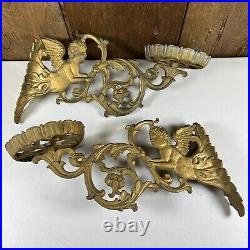 Vintage Gilt Gold Metal Angel Cherub Armed Wall Sconce Candle Holder