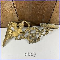 Vintage Gilt Gold Metal Angel Cherub Armed Wall Sconce Candle Holder