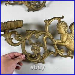 Vintage Gilt Gold Metal Angel Cherub Armed Wall Sconce Candle Holder