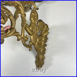 Vintage Gilt Gold Metal Angel Cherub Armed Wall Sconce Candle Holder