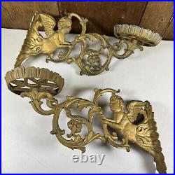 Vintage Gilt Gold Metal Angel Cherub Armed Wall Sconce Candle Holder