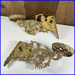 Vintage Gilt Gold Metal Angel Cherub Armed Wall Sconce Candle Holder