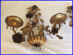 Vintage Gilt PAIR 2 Metal Tole 2-Arm Wall Candelabra candle sconces Roses Leaves