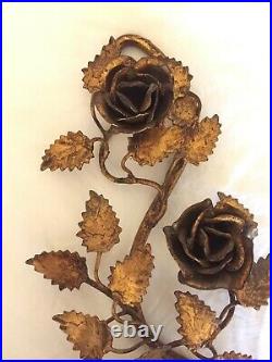 Vintage Gilt PAIR 2 Metal Tole 2-Arm Wall Candelabra candle sconces Roses Leaves