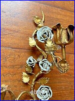 Vintage Gilt PAIR 2 Metal Tole 3-Arm Wall Candelabra Candle Sconces White Roses