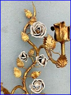 Vintage Gilt PAIR 2 Metal Tole 3-Arm Wall Candelabra Candle Sconces White Roses