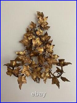Vintage Gilt PAIR Metal Tole 2-Arm Wall Candelabra sconces Cascading Ivy Leaves